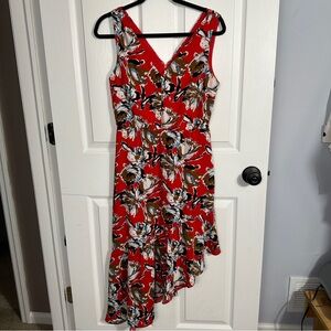 Sam Edelman red floral asymmetrical dress, size 6, flounce, elastic waist
